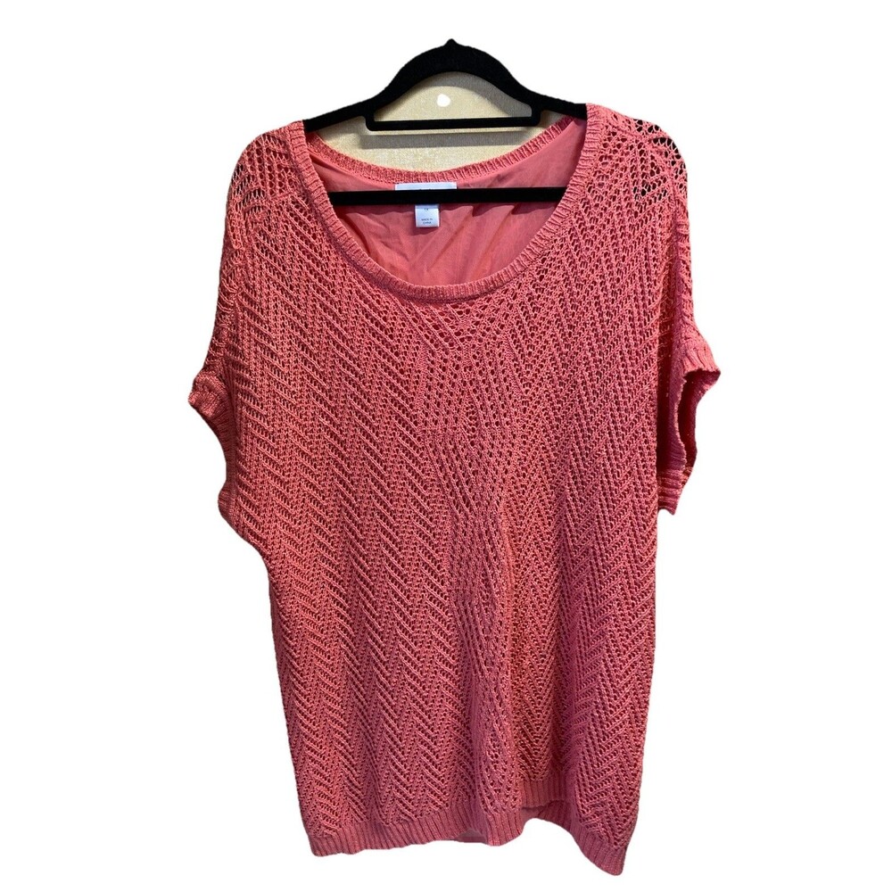 Cj  Banks Womens 1X Top Crochet chiffon Short Sleeve Split Open Back Coral